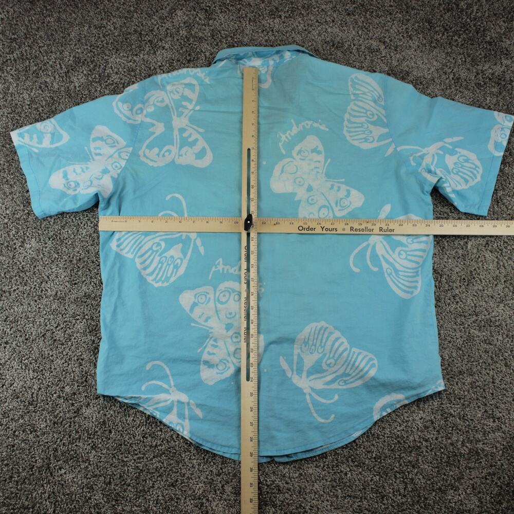 Androsia Bahamas Vintage Mens L Blue Floral Batik Hand Dyed Cotton Shirt - Picture 3 of 5